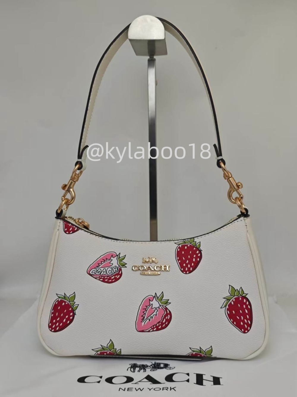 Coach White Leather Shoulder Bag with Red & Pink Strawberry Print